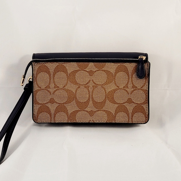 Coach Signature Foldover Dark Brown/Black Canvas Leather Wristlet Wallet Clutch - Picture 2 of 6